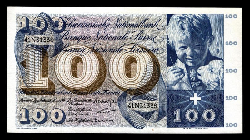 Switzerland 100 Francs 1963
P# 49e; 41N31336; Large note!; XF.