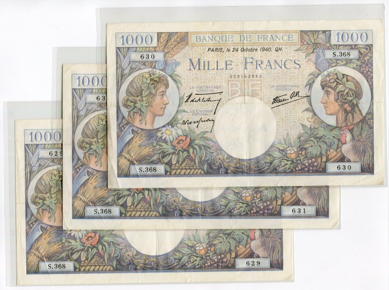 France Lot of 3 Consecutive Bankotes 1940
1000 Francs 1940; P# 96; # 009192629-...