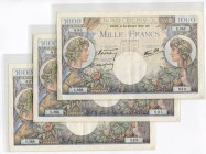 France Lot of 3 Consecutive Bankotes 1940
1000 Francs 1940; P# 96; # 009192629-31