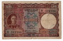 Ceylon 5 Rupees 1941 Rare First Prefix
P# 36; F+