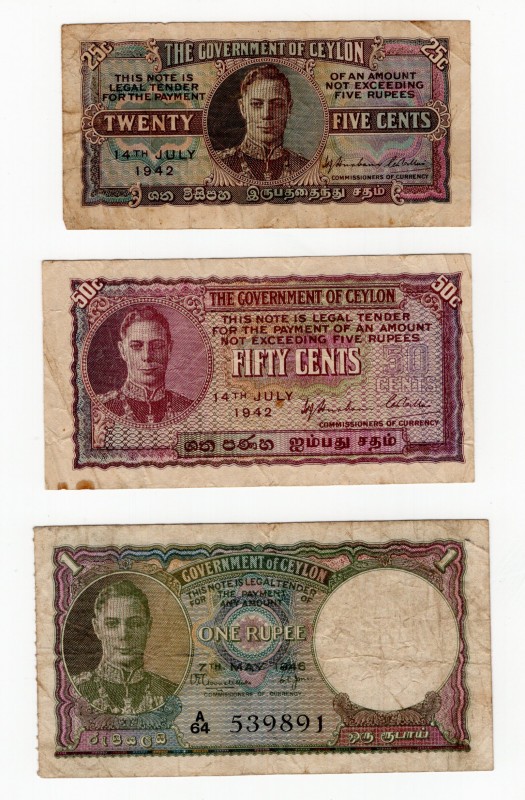 Ceylon 25c-50c-1 Rupee 1942-1946
VF