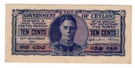 Ceylon 10 Cents 1943
P# 43b; GVF
