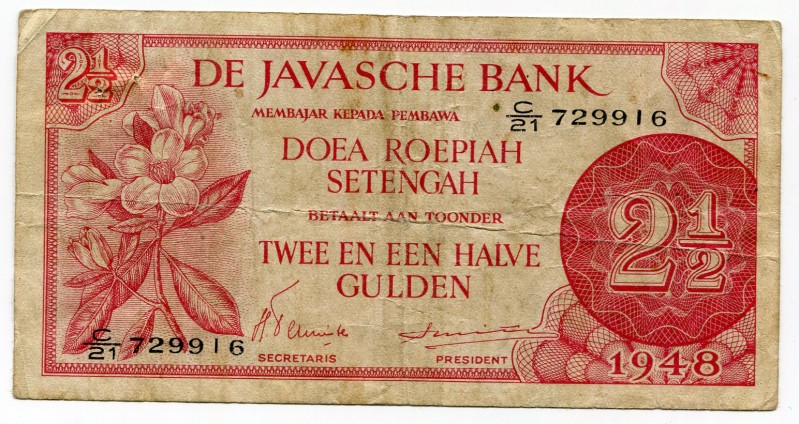 Indonesia Neterlands Idies 2 1/2 Rupiah 1948 Javasche Bank
P# 99; VF