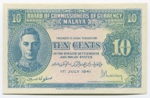 Malaya 10 Cents 1941
P# 8; UNC; "King George VI"