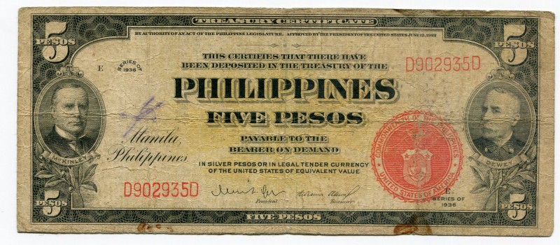 Philippines 5 Pesos 1937 Rare
P# 83; AVF