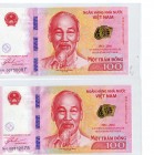 Vietnam Lot of 2 Banknotes 100 Dong 2016 Nice Serial #
P# 125; UNC