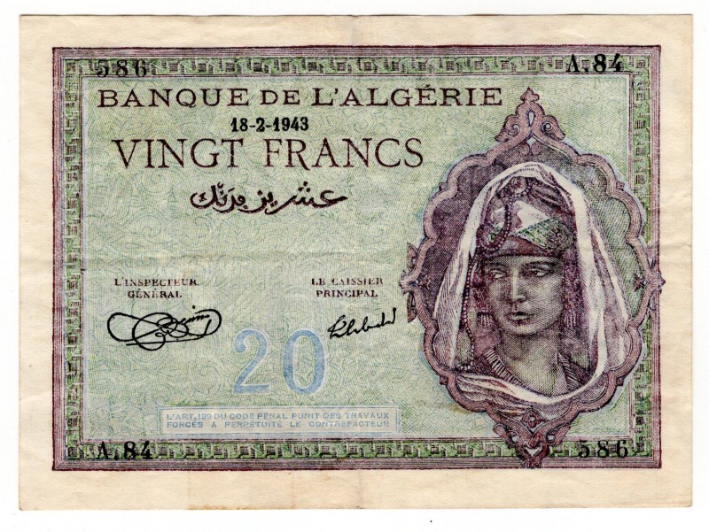 Algeria 20 Francs 1943
P# 92a; VF