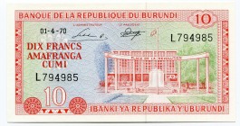 Burundi 10 Francs 1970 Rare
P# 20b; UNC.