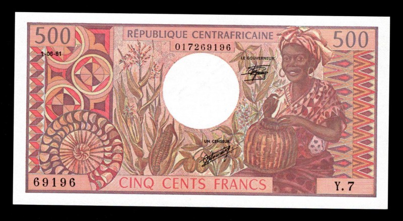 Central African Republic 500 Francs 1981 Very Rare
P# 9; 017269196; UNC.