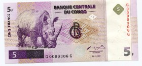Congo 5 Francs 1997 Rare
P# 86a; UNC.