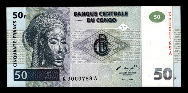 Congo 50 Francs 1997 Rare
P# 89; K0000789A; First issue, small number! Rarest!;...