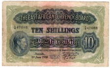 East African Currency Board 10 Shillings 1939 Pressed
P# 29a; VF