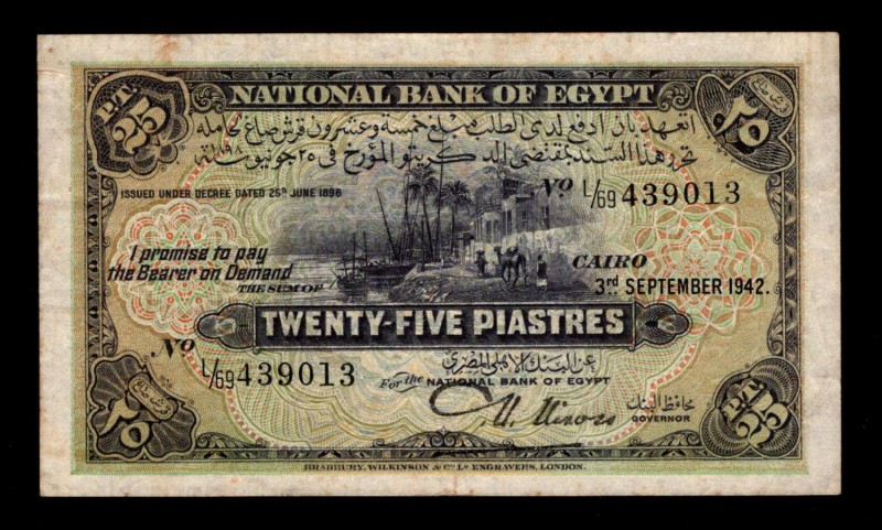 Egypt 25 Piastres 1942 Rare
P# 10c; L/69 439013; XF.