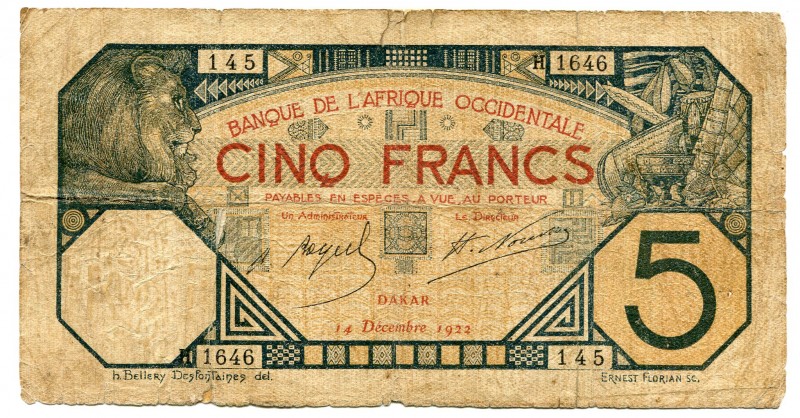 French West Africa 5 Francs 1922
P# 5Bb; aVF.