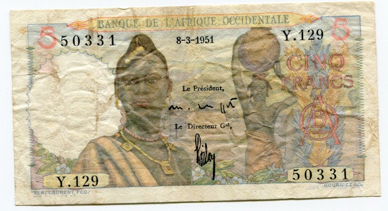 French West Africa 5 Francs 1951
P# 36; VF.