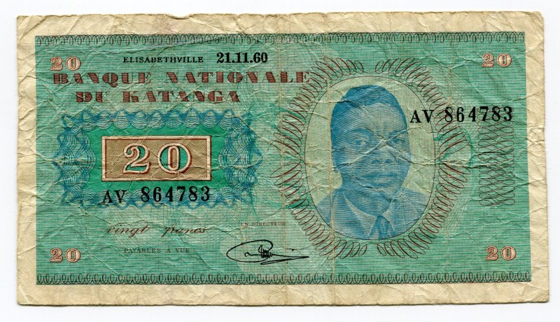 Katanga 20 Francs 1960 Rare
P# 6; VF.