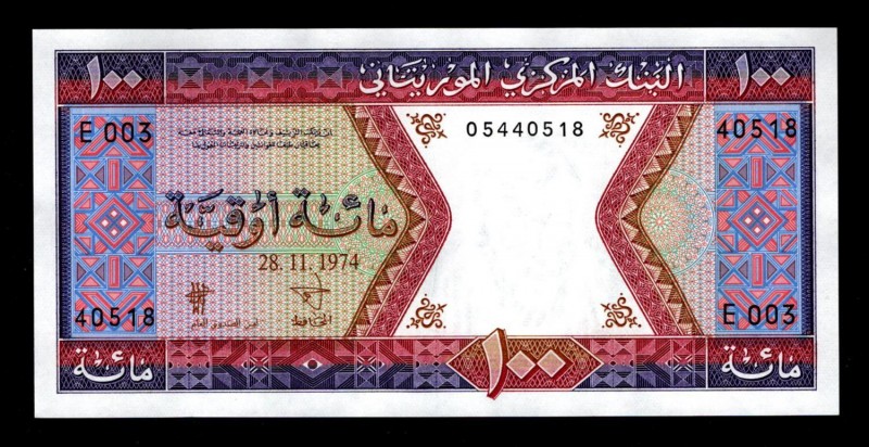 Mauritania 100 Ouguiya 1974 Rare Date
P# 4a; 05440518; UNC.