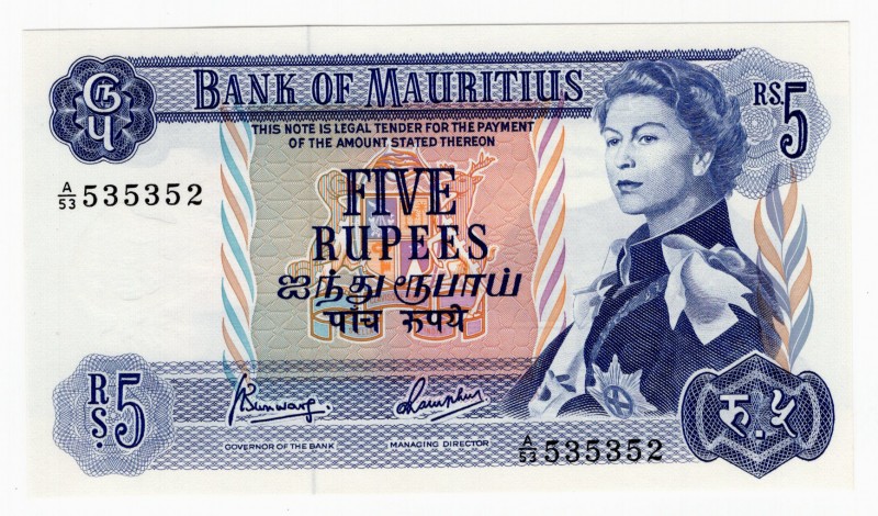 Mauritius 5 Rupees 1967
P# 30; UNC