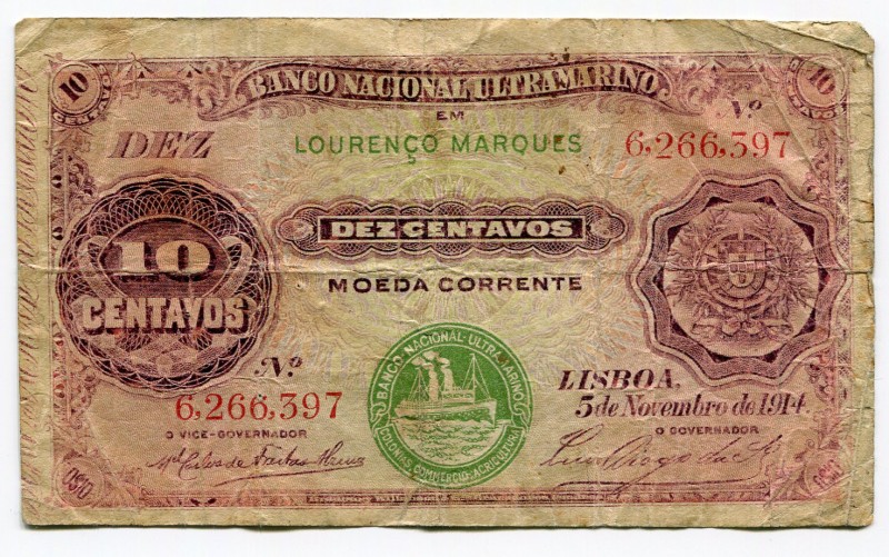 Mozambique 10 Centavos 1914
P# 53; VF.