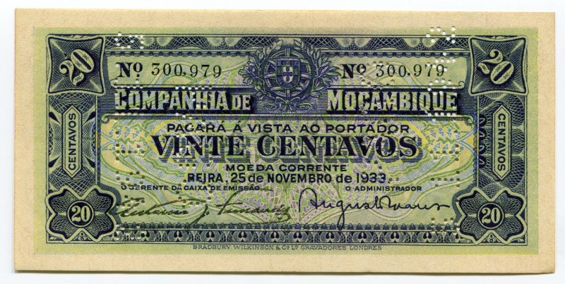 Mozambique 20 Centavos 1933 1942 Cancelled
P# R29; UNC.