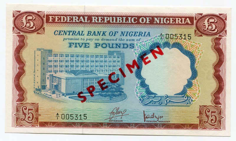 Nigeria 5 Pounds 1968 Rare Specimen
P# 13s; UNC.