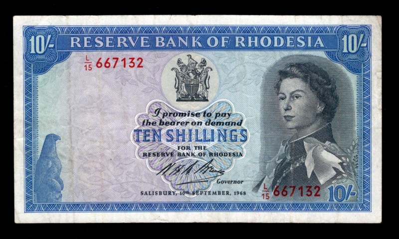 Rhodesia 10 Shillings 1968 Rare
P# 27b; L/15 667132; VF.