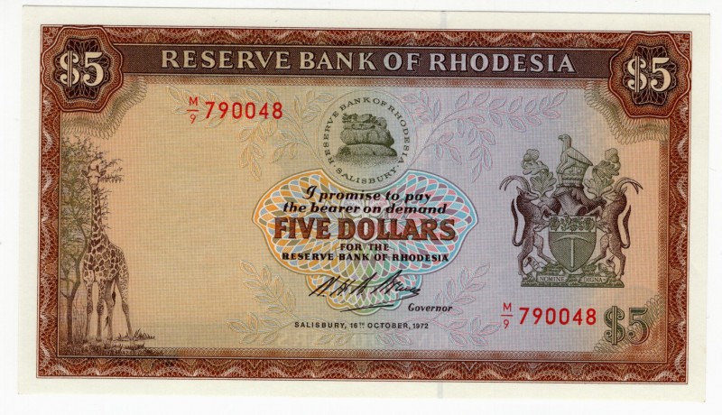 Rhodesia 5 Dollars 1972 Better Dates
P# 32; UNC