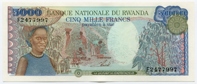 Rwanda 5000 Francs 1988
P# 22a; UNC