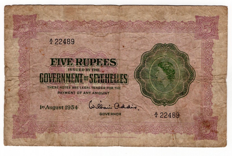 Seychelles 5 Rupees 1954 Rare
P# 11a; AVF