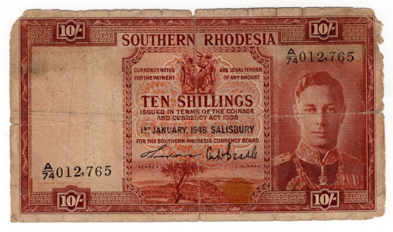 Southern Rhodesia 10 Shillings 1948 Rare
P# 9d; VG