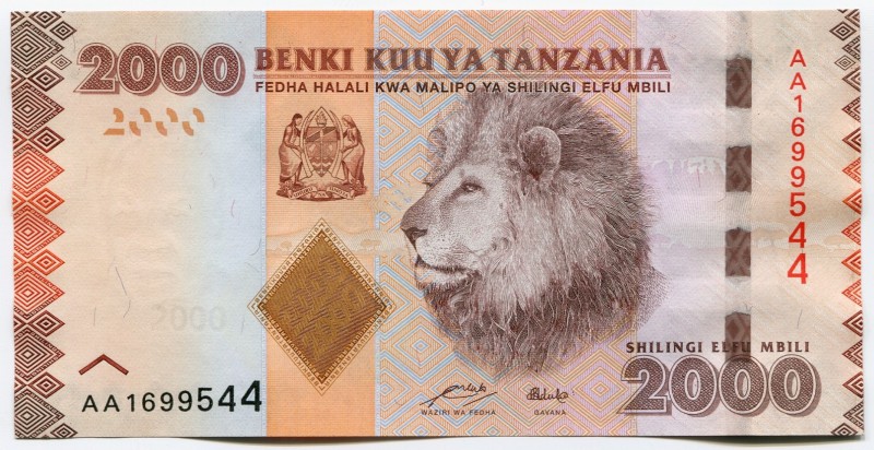 Tanzania 2000 Shillings 2010
P# 42a; № AA 1699544; UNC; Serie AA