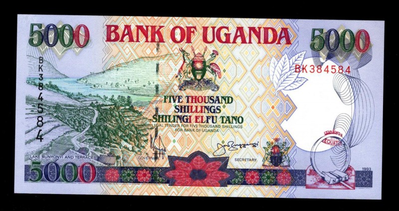 Uganda 5000 Shillings 1993
P# 37a; BK384584; UNC.