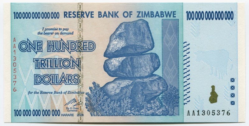 Zimbabwe 100 Trilions Dollars 2008 RARE
P# 91; UNC.