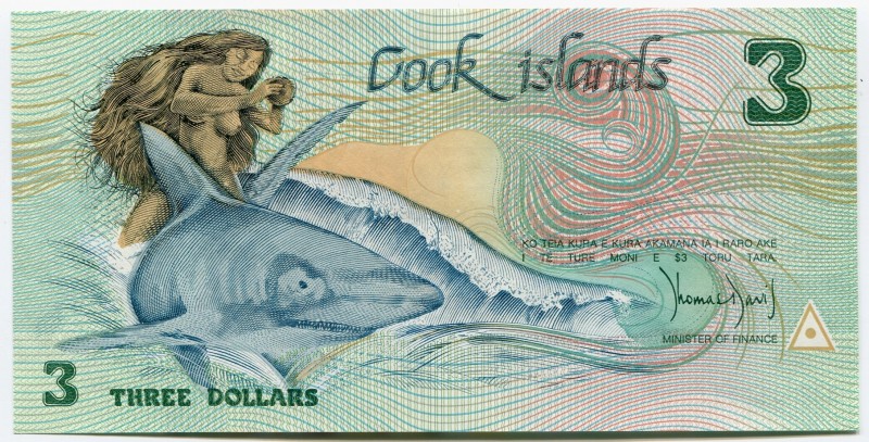 Cook Islands 3 Dollars 1987
P# 3a; № AAE 011173; UNC; "Ina and the Shark"