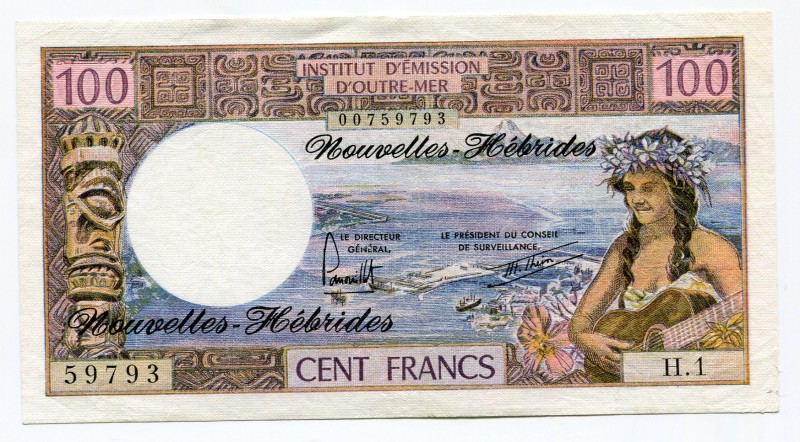 New Hebrides 100 Francs 1970
P# 18a; AUNC