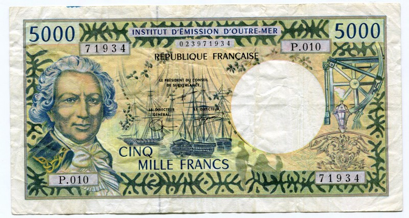 Tahiti 5000 Francs 1985-1992
P# 28d; VF