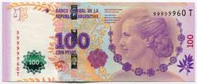 Argentina 100 Pesos 2012 Commemorative
P# 358; № 99999960; UNC; Fine Serial; "Eva Perón"
