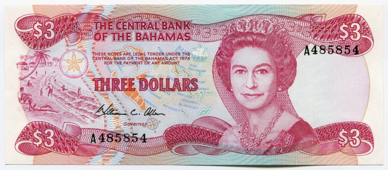 Bahamas 3 Dollars 1974 (1984)
P# 44; UNC.