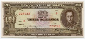 Bolivia 20 Bolivianos 1945
P# 140a; № 223723; UNC; "Simón Bolívar"