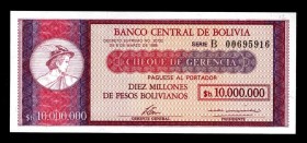 Bolivia 10000000 Pesos 1985 Second Issue Rare
P# 192B; B 00695916; UNC.