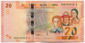 Bolivia 20 Bolivianos 2018
P# 249; № 000700922 A; UNC; "Black Cayman"