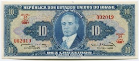 Brazil 10 Cruzeiros 1963 Rare
P# 167b; № 002019; UNC; "Getúlio Vargas"