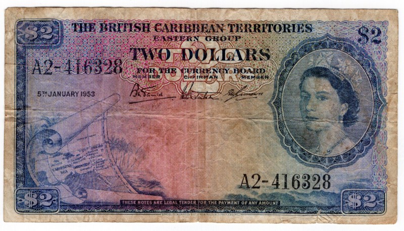 British Caribbean Territories 2 Dollars 1953
P# 8a; AVF