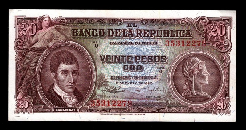 Colombia 20 Pesos 1960 Rare
P# 401b; 35312278; aUNC.