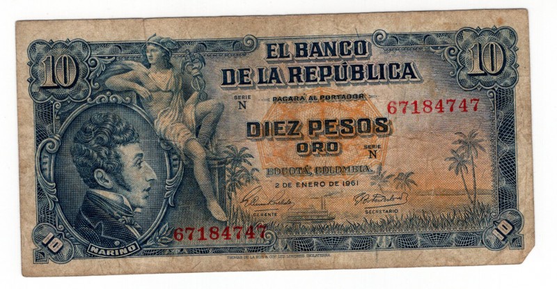 Colombia 10 Pesos 1961
VF