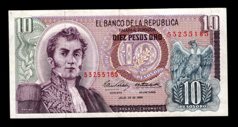 Colombia 10 Pesos 1965 Rare Date
P# 407c; 53255185; VF+.