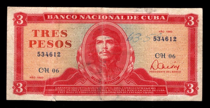 Cuba 3 Peso 1983 Rare Date
P# 107a; 534612; F-VF.