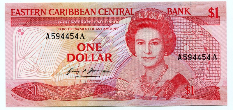 Eastern Caribbean Central Bank 1 Dollar 1985-1988 Antigua
P# 17a; UNC