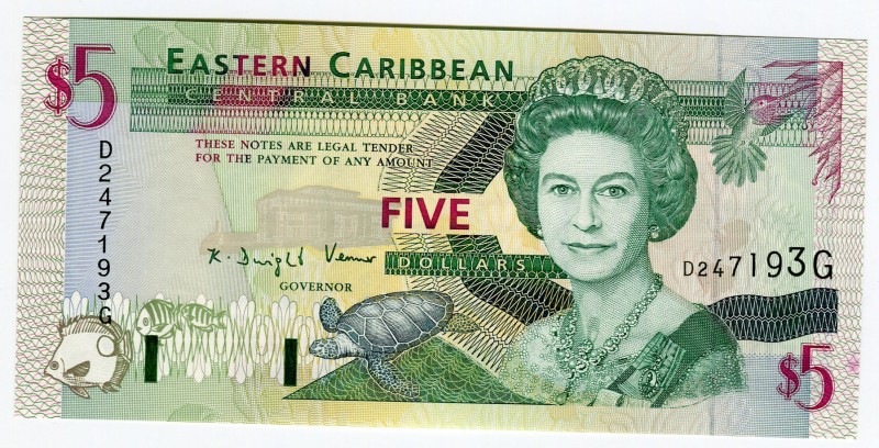 Eastern Caribbean Central Bank 5 Dollars 1994 Greneda
P# 31g; UNC