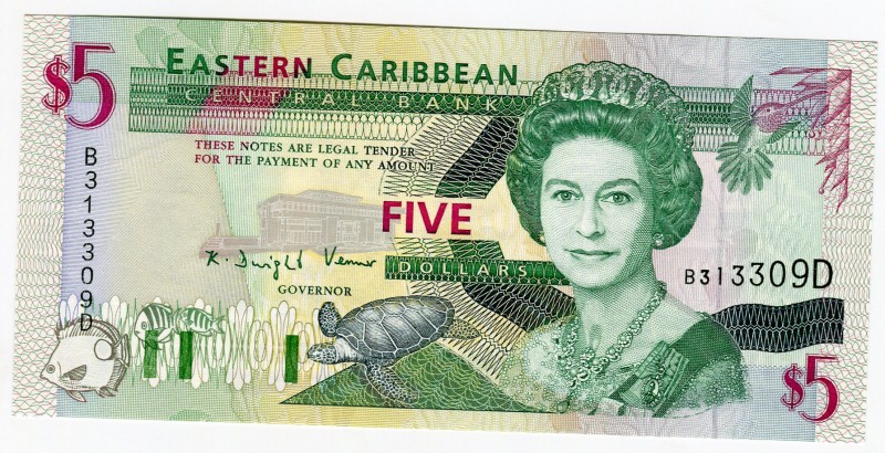 Eastern Caribbean Central Bank 5 Dollars 1994 Dominica
P# 31d; UNC